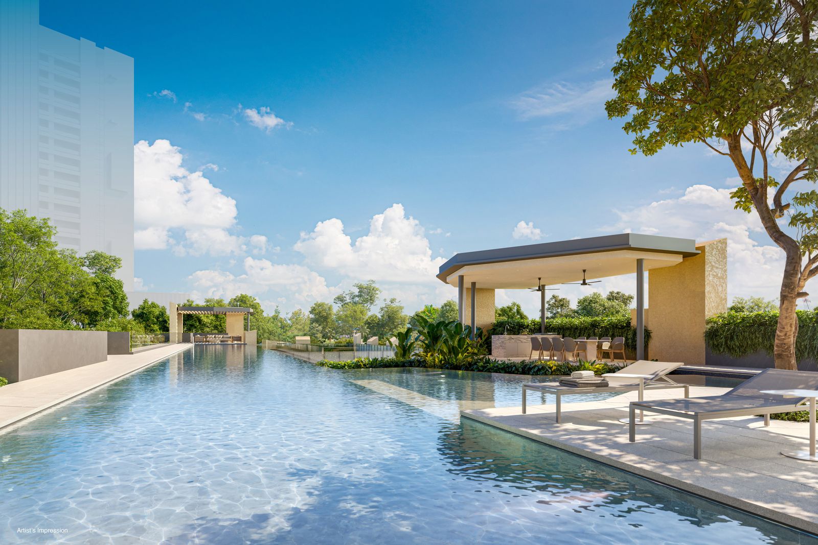 Artist's impression of the poolside pavilion and loungers