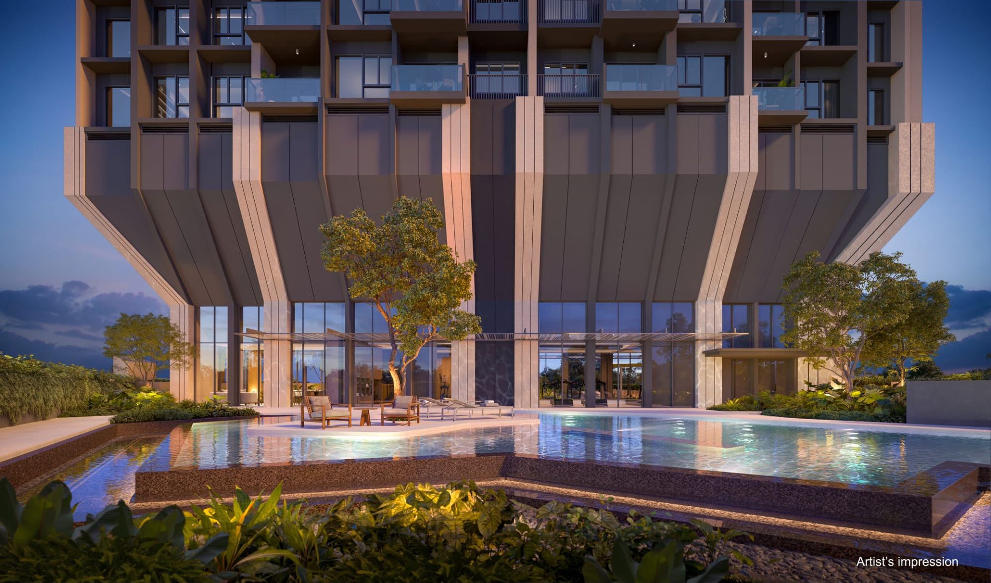 Artist's impression of the pool and landscaped podium at the base of the tower