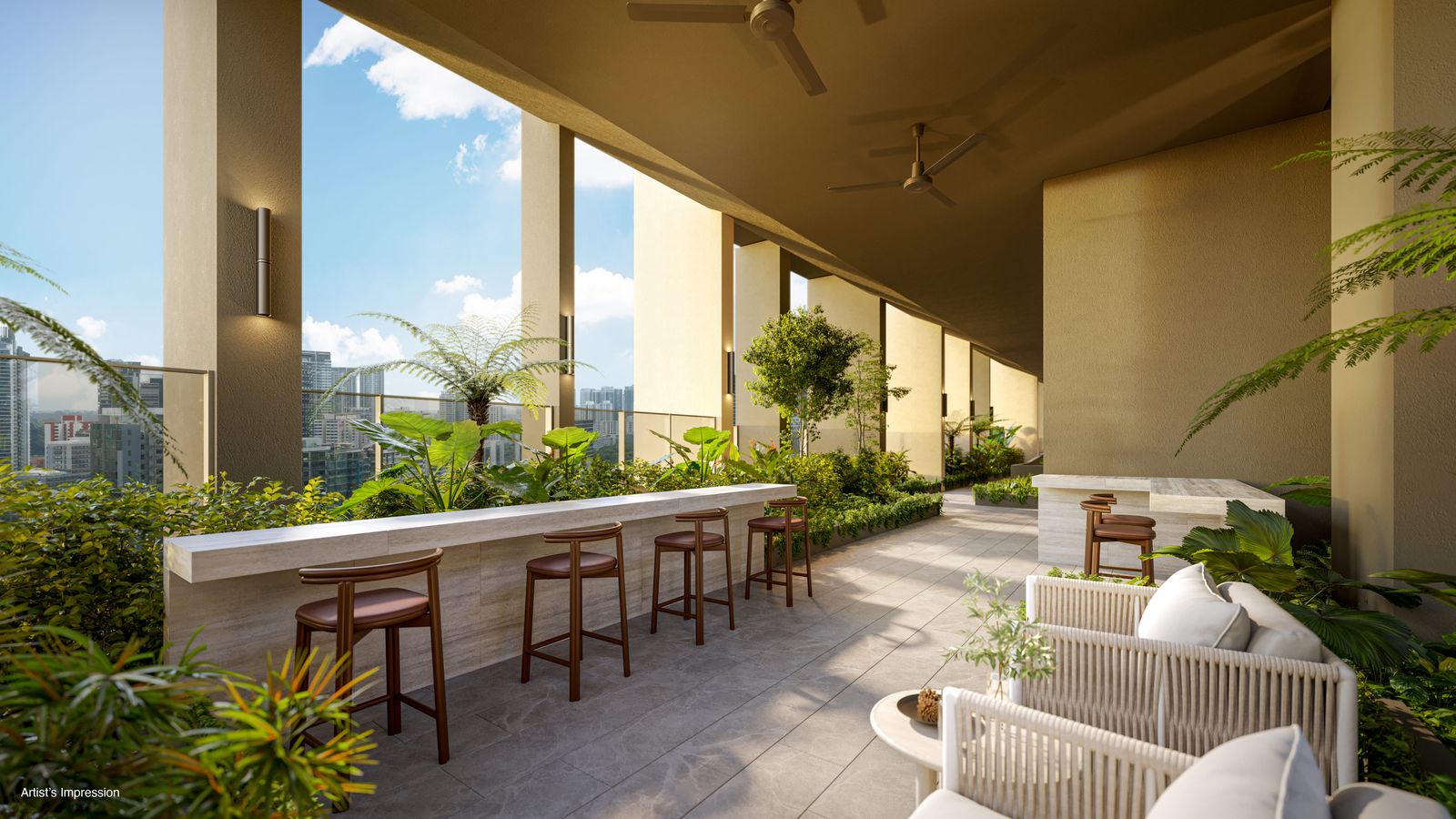 Artist's impression of a garden lounge with bar seating