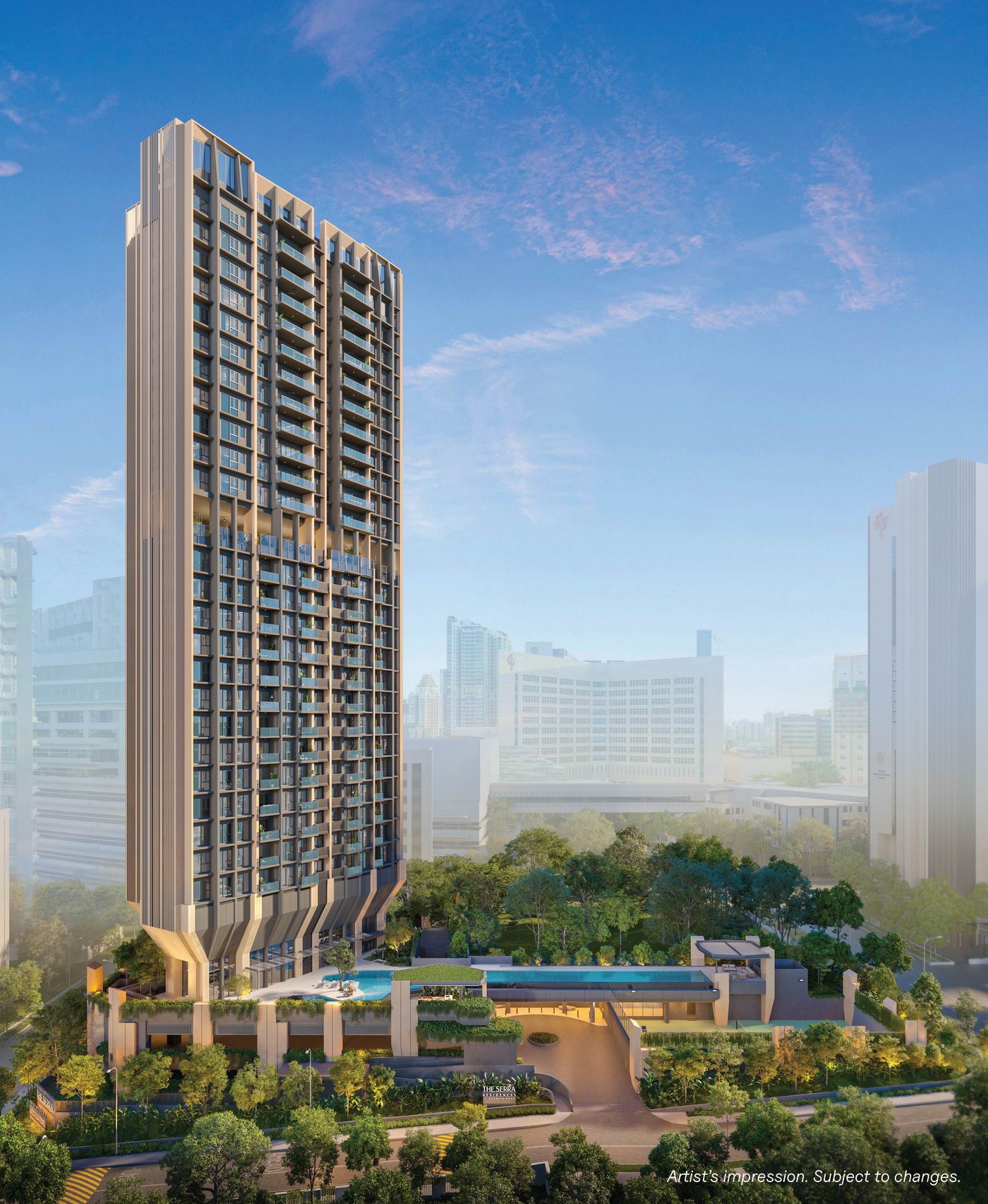 Artist's impression of The Serra Residences tower with its landscaped podium
